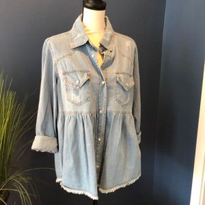 Vici Peplum Distressed Denim Shirt